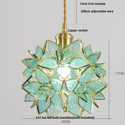 Delicate teal glass copper led pendant lamp with gold-toned accents and floral pattern for dining room lighting