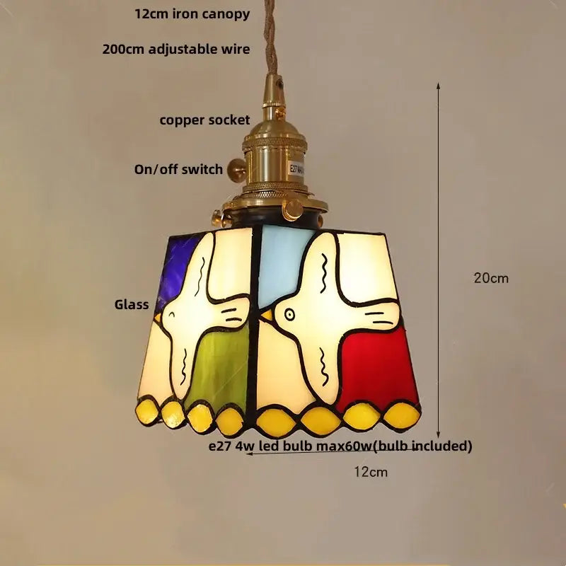 Floral stained glass pendant light with two white birds and colorful glass led panels for dining room decorbites pendant light