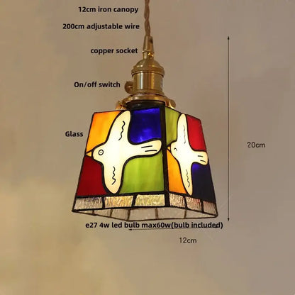 Floral stained glass pendant light with colorful glass led panels and white bird designs for dining room decorbites pendant light