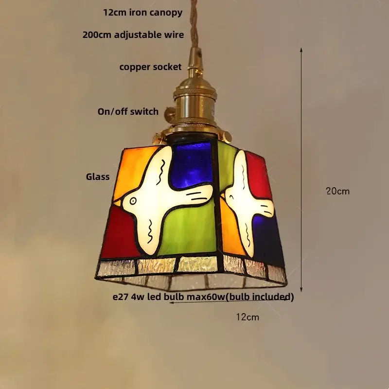 Floral stained glass pendant light with colorful glass led panels and white bird designs for dining room decorbites pendant light