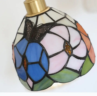 Floral stained glass pendant light with blue pink green segments and black butterfly motif from decorbites colorful glass led