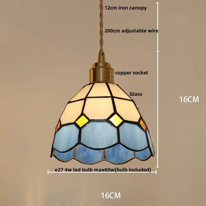 Blue and cream floral stained glass pendant light with brass copper socket for dining room decorbites colorful glass led