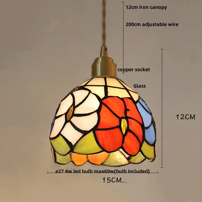 Stained glass pendant light with floral design in red white blue and green hues for decorbites colorful glass led lighting