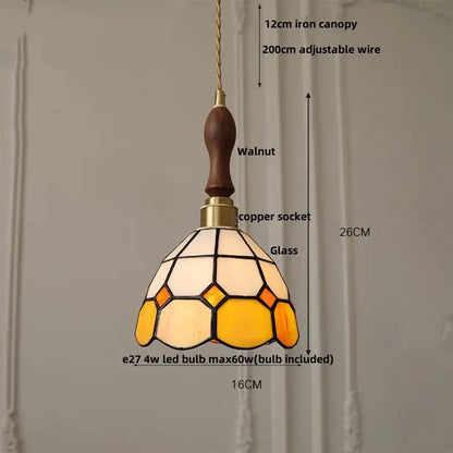 Floral stained glass pendant light with walnut iron canopy and cream amber stained glass shade for decorbites colorful glass led
