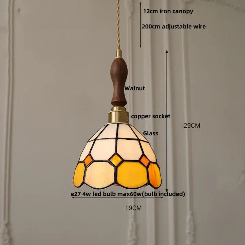 Floral stained glass pendant light with warm geometric patterns, walnut iron canopy, and copper socket for decorbites colorful glass led