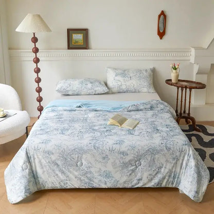 Blue and white floral patterned decorbites knitted cotton print summer quilt with soft textured fabric for bedroom decor