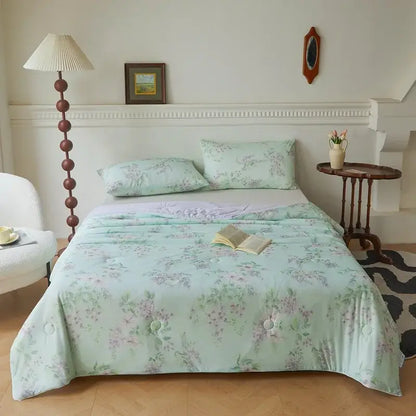 Mint green floral duvet set with delicate purple and pink blossoms on soft quilted fabric decorbites knitted cotton print summer quilt