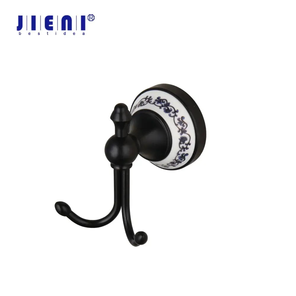Black stainless steel double hook with white ceramic backplate and blue floral patterns for bathroom decorbites stainless steel