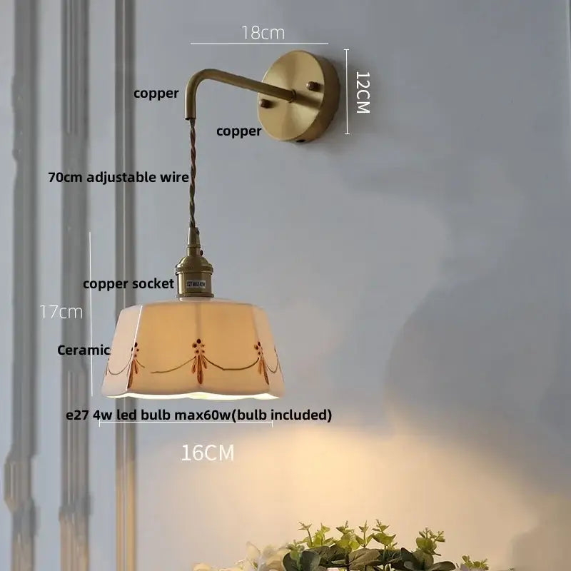 Copper-finished floral white ceramic brass led wall light with delicate brown patterns and switch for bedroom use