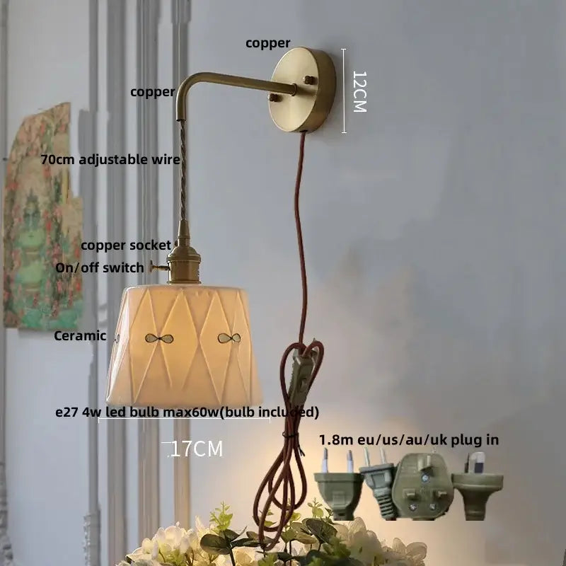 Copper-finished ceramic brass led wall light with diamond patterns and decorative bows for bedroom use