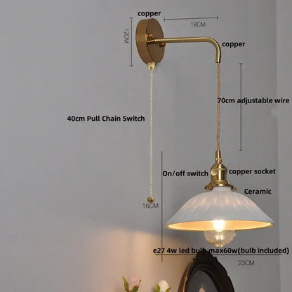 Vintage-style floral white ceramic brass led wall light with frosted shade and adjustable copper wire sconce for bedroom