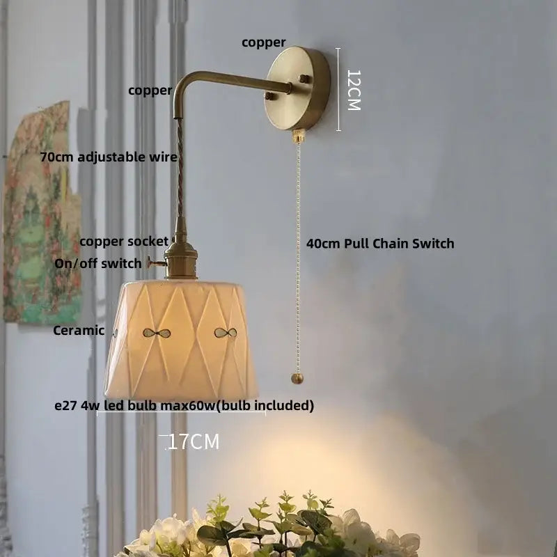 Copper-finished ceramic brass led wall sconce with floral white geometric lampshade and decorative bow motifs for bedroom wall light
