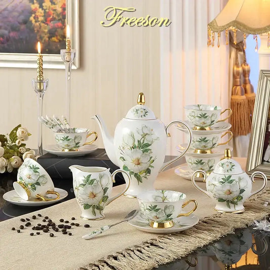 Elegant white porcelain floral white camellia bone china tea set with gold accents including teapot cups and saucers decorbites camellia bone