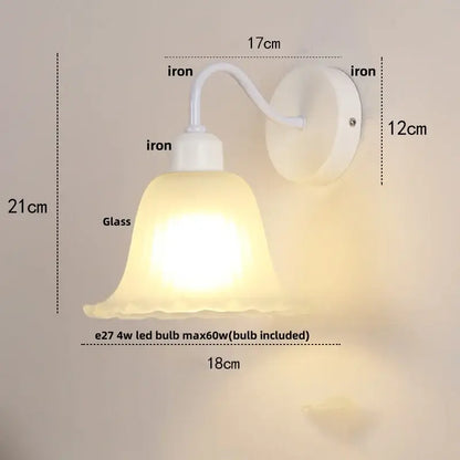 Floral white glass iron led wall sconce with frosted bell-shaped shade and pull chain for bedroom decorbites wall sconce