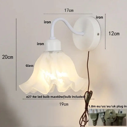 Floral white glass iron led wall sconce with translucent shade and pull chain for bedroom decorbites glass iron design