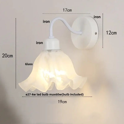 Floral white glass iron led wall sconce with pull chain featuring translucent ruffled glass shade for bedroom decorbites wall sconce