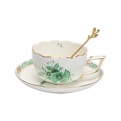 White porcelain tea cup set with green floral and bee design gold rim and handle ceramic cup set for dining room