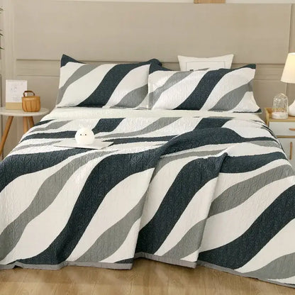 A quilted cotton double bedspread set with bold navy blue gray and white diagonal stripes for bedroom decorbites decor