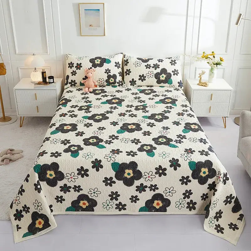Cream-colored floral white & green cotton double bedspread set with black teal and yellow flowers for bedroom decorbites decor
