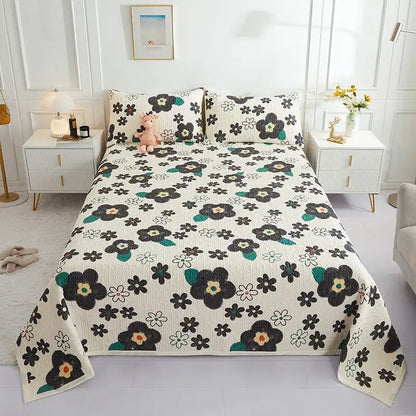 Cream-colored floral white & green cotton double bedspread set with black teal and yellow flowers for bedroom decorbites decor