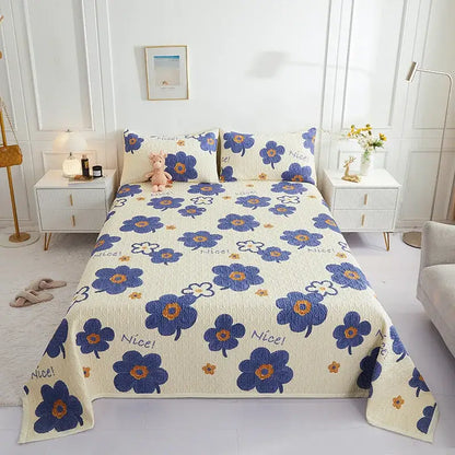 Cream-colored decorbites cotton double bedspread set with embroidered blue and orange flowers for bedroom decor