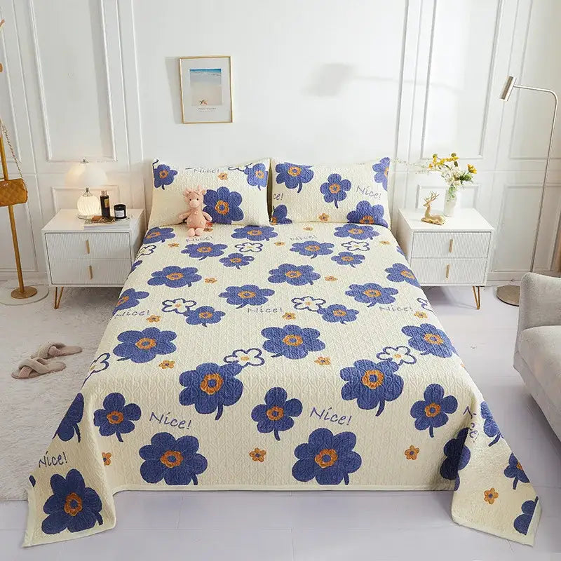 Cream-colored decorbites cotton double bedspread set with embroidered blue and orange flowers for bedroom decor