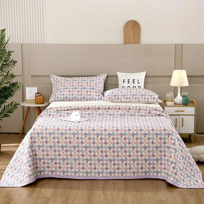 Pastel-colored floral and geometric pastel bedspread set in soft pinks blues and cream decorbites cotton double bedspread