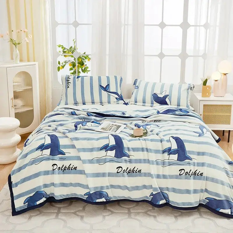 Floral white and navy cozy flannel plush blanket with blue and white striped dolphin themed comforter set decorbites cozy flannel