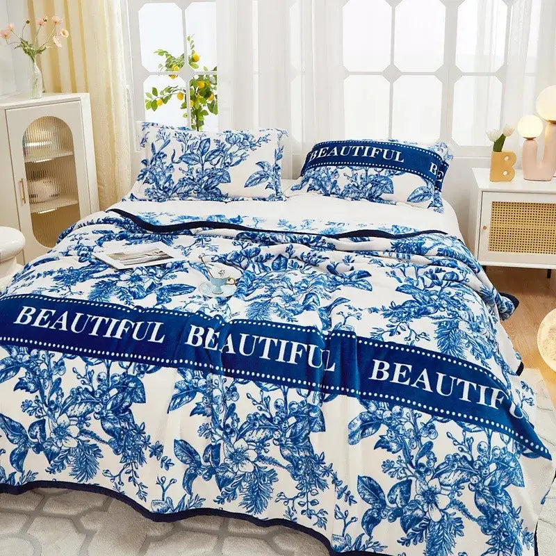 Blue and white floral patterned decorbites cozy flannel plush blanket with beautiful text bands bedroom throw