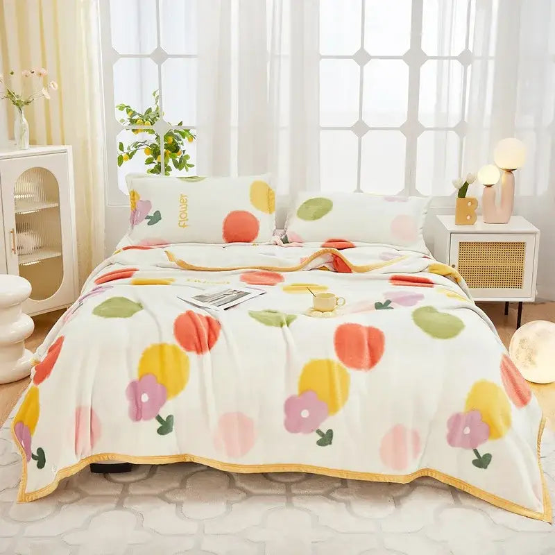 Floral white and navy cozy flannel plush blanket with colorful flower and fruit pattern and soft gold trim decorbites cozy flannel