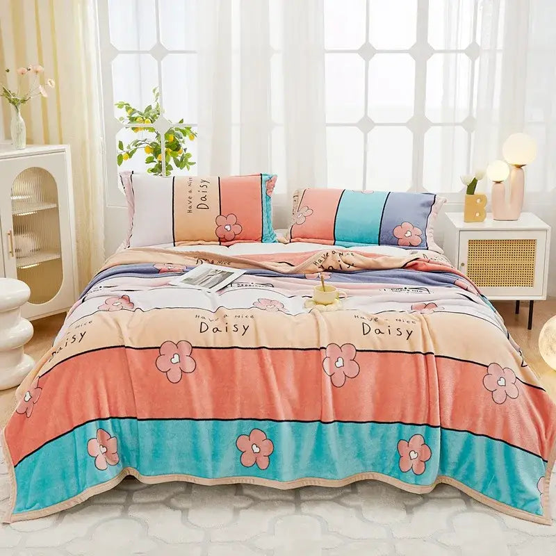 Floral white and navy cozy flannel plush blanket with pastel peach and teal stripes and pink daisy decorbites cozy flannel