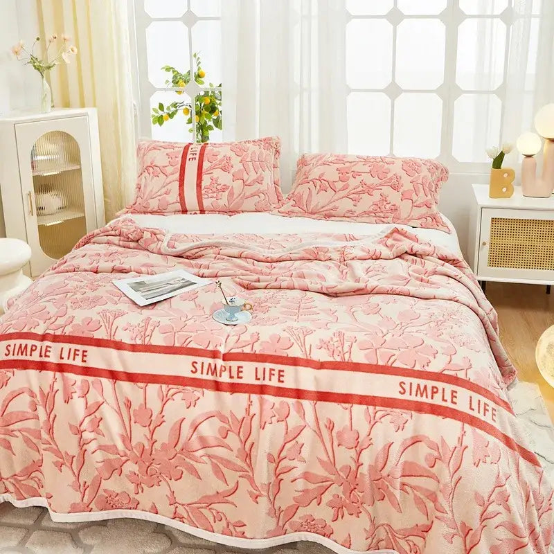 Pink floral-patterned duvet set with bold red simple life banner and cozy flannel plush blanket for decorbites cozy flannel decor