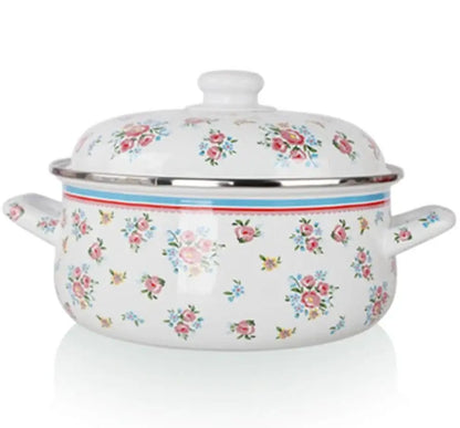 Floral white and pink enamel ceramics soup saucepan with matching lid and side handles for kitchen use