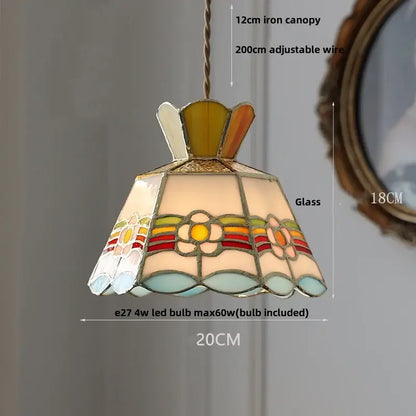 Floral yellow and green glass brass pendant lamp with colorful stained glass panels in an ornate metal frame perfect for kitchen decorbites glass brass pendant