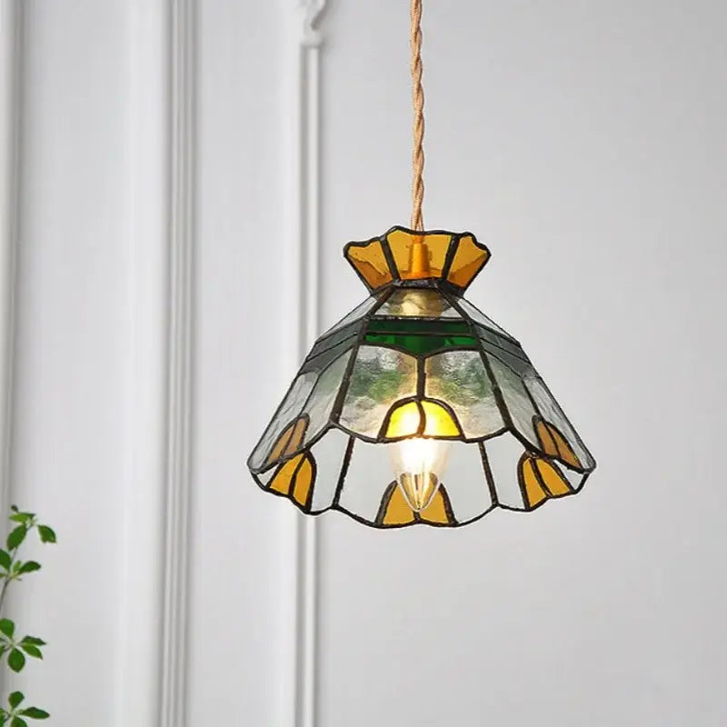 Floral yellow and green glass brass pendant lamp with delicate stained glass and twisted copper cord for kitchen decorbites glass brass pendant