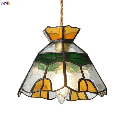 Floral yellow and green stained glass brass pendant lamp with bell-shaped shade for kitchen decorbites glass brass