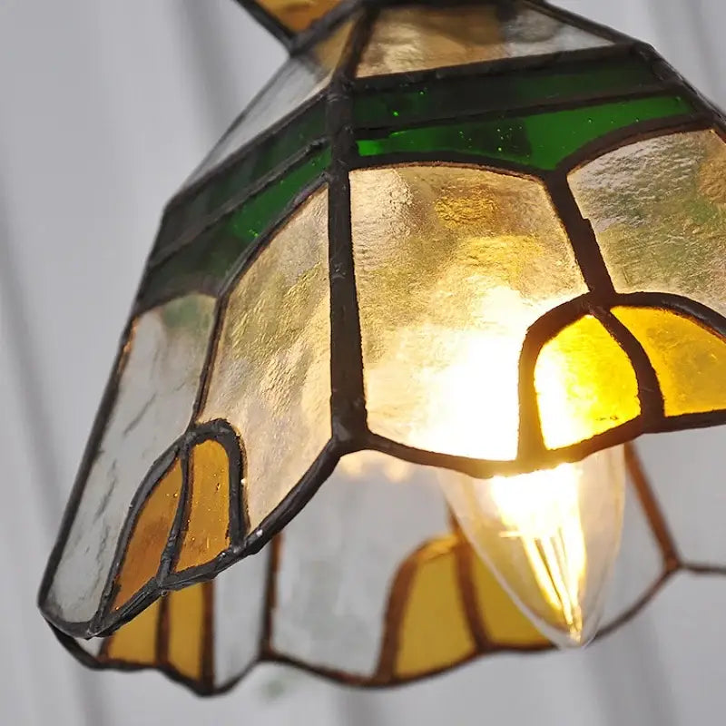 Floral yellow and green glass brass pendant lamp with amber and green stained glass panels for kitchen decorbites glass brass
