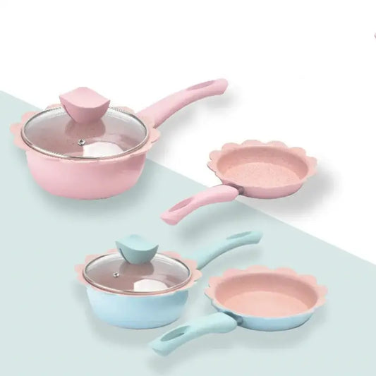 Flower edged pink and light blue baby food pot kitchen cookware set with glass lids for preparing baby food