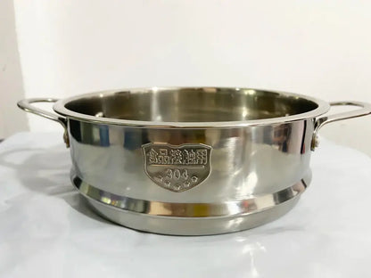 A shiny stainless steel baby food pot with two handles and 304 food-grade stainless steel emblem in a pink and blue set