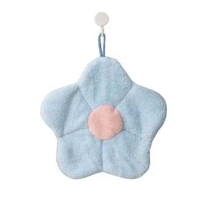 Light blue star-shaped coral fleece hand towel with soft pink center from decorbites coral fleece bathroom collection