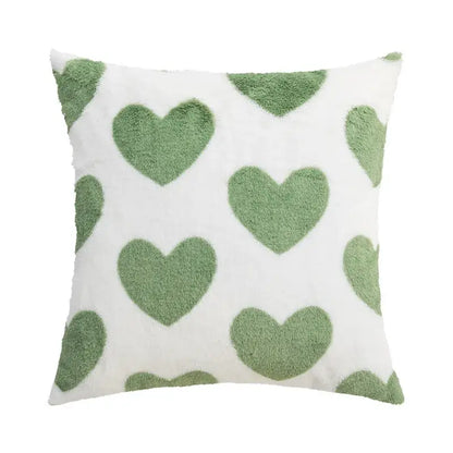 White throw pillow cover with soft fuzzy sage green heart patterns for decorbites fluffy comfort pillow use