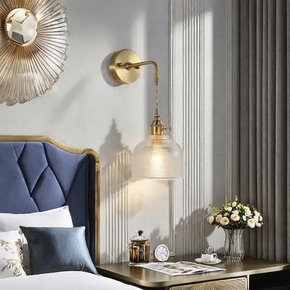 Fluted brass glass led wall sconce with textured glass shade for bedroom decorbites brass glass lighting fixture