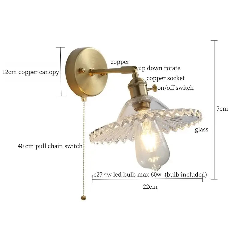 Vintage-style copper wall sconce with faceted glass shade and exposed led bulb for bedroom decorbites brass glass led