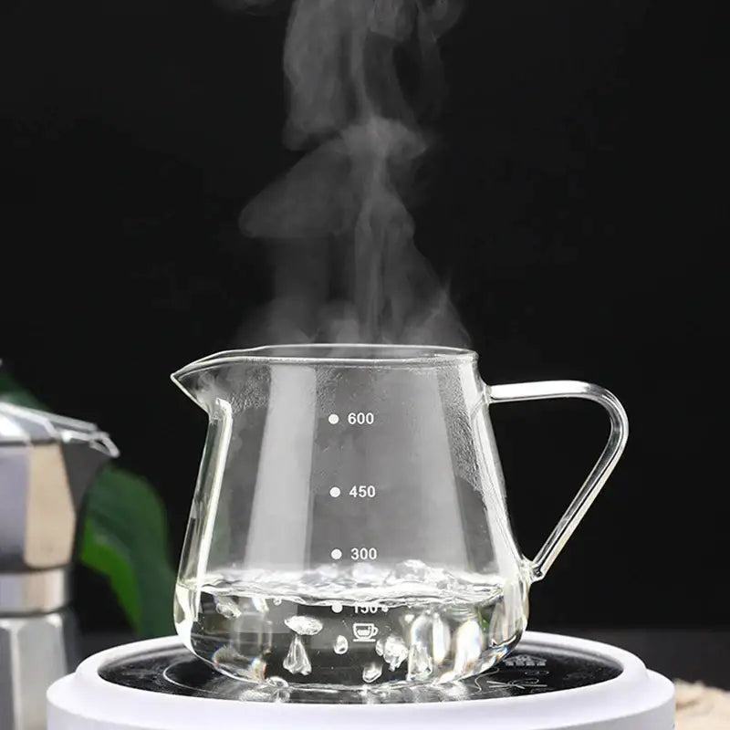 Fluted clear glass coffee pot with ribbed design and 300ml, 450ml, and 600ml measuring markings on the glass coffee pot