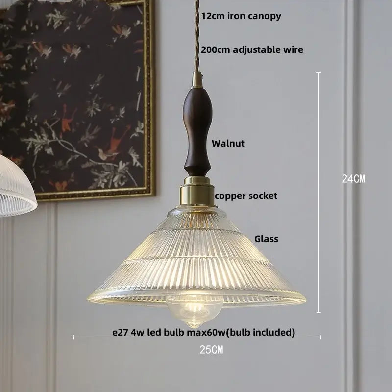 Fluted clear glass pendant light with brass finish featuring a ribbed shade and walnut handle for kitchen dining decorbites clear glass