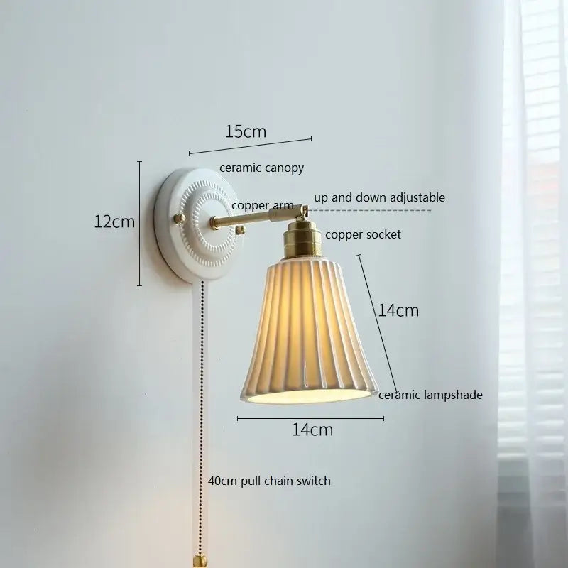 Vintage-style fluted cream ceramic wall lamp with brass copper arm and white ceramic canopy for bathroom decorbites ceramic wall lamp