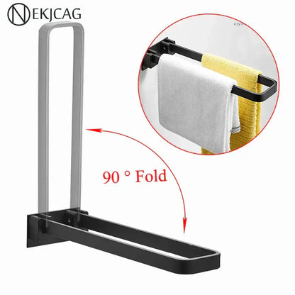 Foldable black and silver aluminum towel rack with single layer and 90-degree hinge by decorbites for bathroom use