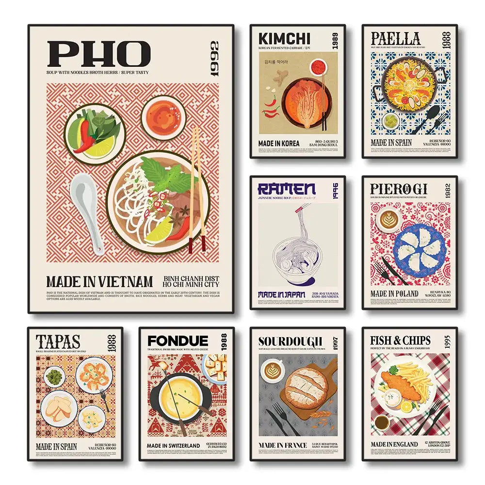 Set of nine vintage-style delicious food canvas wall art prints featuring illustrated dishes by decorbites™