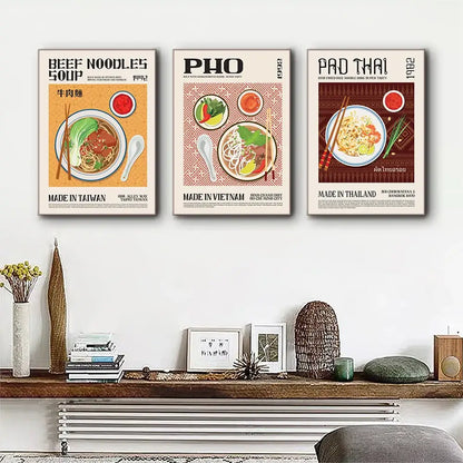 Decorbites™ foodie canvas wall art print featuring three vintage-style framed posters of beef noodles pho and pad thai