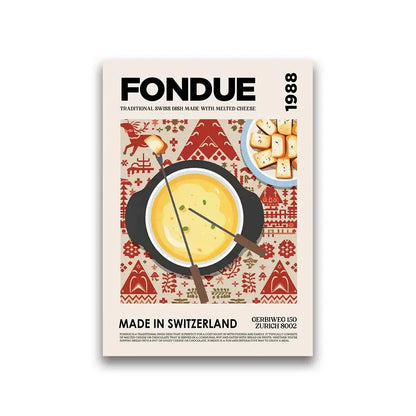 Decorbites™ vintage-style canvas painting wall art featuring stylized fondue pot with cheese and bread cubes